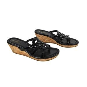 COLE HAAN WOMEN'S BLACK LEATHER THONG STRAPPY PLATFORM SANDALS SIZE 7B